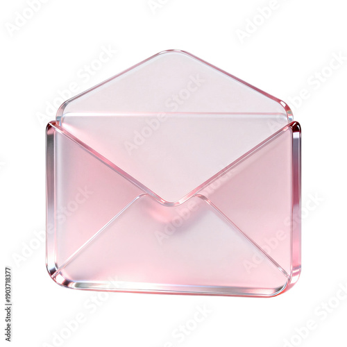 Pink translucent glass envelope icon 3D render, elegant letter mail symbol for communication message and digital email contact marketing design
