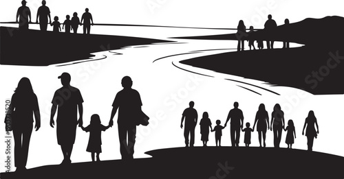 Silhouette of diverse families walking together in harmony outdoors