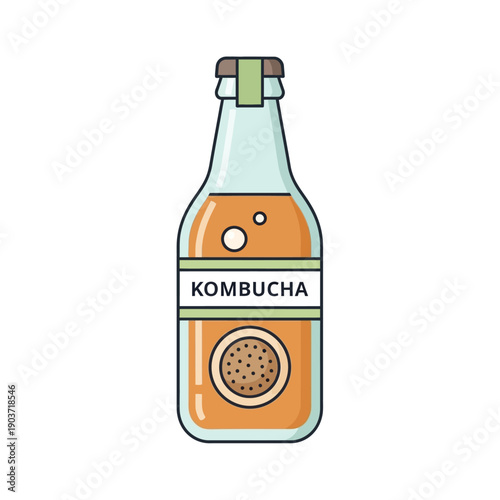 Vibrant graphic of a bottle with golden fermented tea, a healthy probiotic drink for natural wellness and gut health, ideal for a refreshing, balanced lifestyle illustration