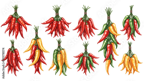Watercolor illustration set of red, green, and yellow chili peppers, including bunches and traditional ristras, on a transparent background.