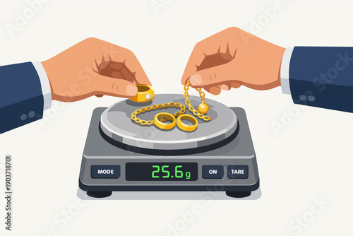 Weighing gold jewelry on a digital scale for valuation or selling precious metals