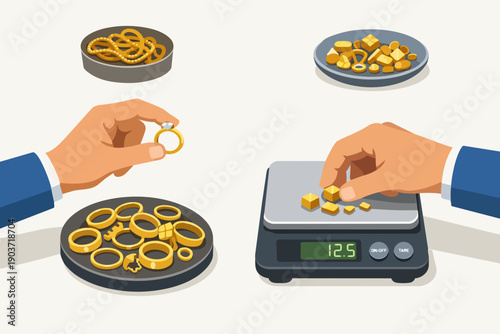 Hands weighing and appraising gold jewelry and precious metal for investment