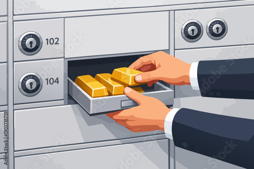 Hands placing gold bars into a safety deposit box at bank vault