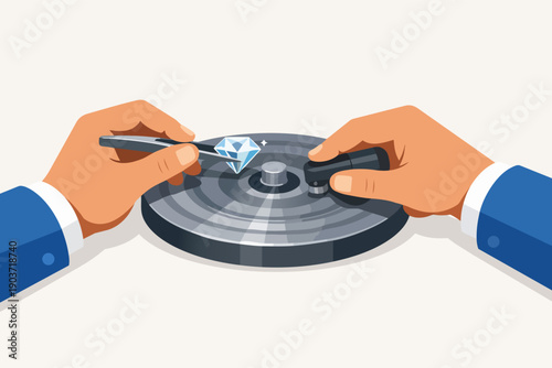 Jeweler polishing diamond using tweezers and lapidary wheel, focusing on precision