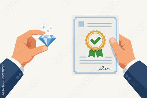 Hands holding diamond and certificate, illustrating jewelry appraisal and quality assurance