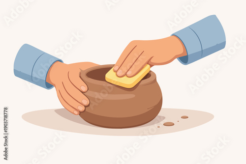 Hands shaping clay bowl, crafting pottery with sponge in workshop studio