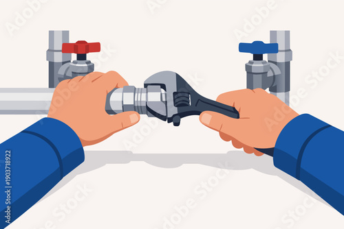 Plumber hands fixing water pipes with a wrench, performing home maintenance
