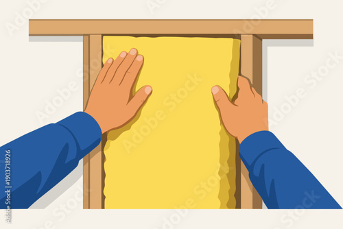Hands installing thermal insulation material in a wall frame for energy efficiency