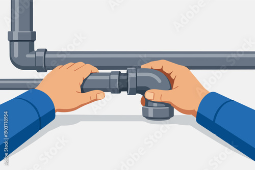 Plumber hands installing pvc pipe fitting, repairing plumbing system in building