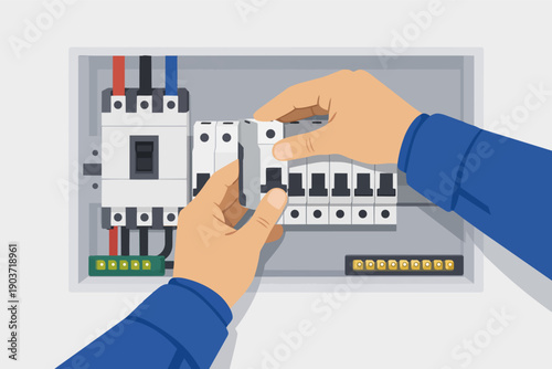 Electrician installing circuit breaker in electrical panel, power maintenance work