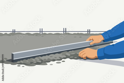 Worker leveling concrete at construction site, hands holding straightedge
