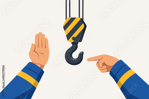 Employee giving crane hand signals, stopping heavy lifting operation for safety