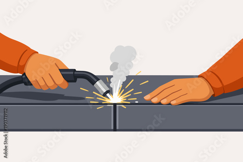 Worker hands holding a welding torch, joining metal pieces with bright sparks and smoke