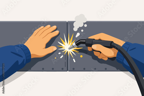 Welder's hands working with welding torch, sparking and joining metal plates
