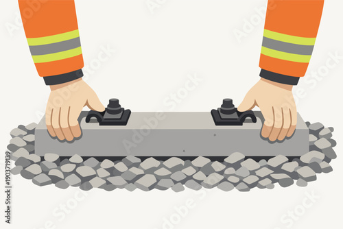Worker hands installing a concrete sleeper on ballast gravel for rail track construction