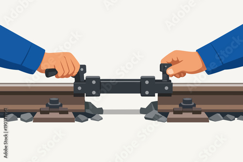 Workers' hands connecting railroad tracks with a metal plate and bolts