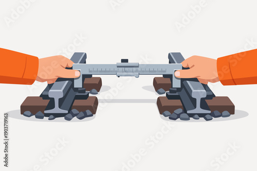 Hands measuring railway track gauge with a vernier caliper for safety inspection