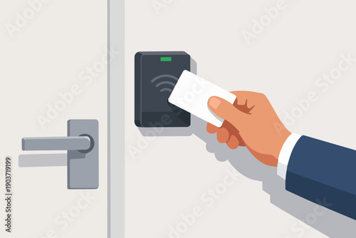 Hand using key card for secure door access, modern rfid entry system
