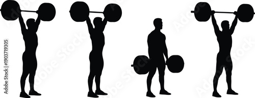 Silhouette of man lifting weights in various positions weightlifting exercise fitness