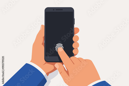 Hand using a mobile phone with an on-screen fingerprint scanner for secure access