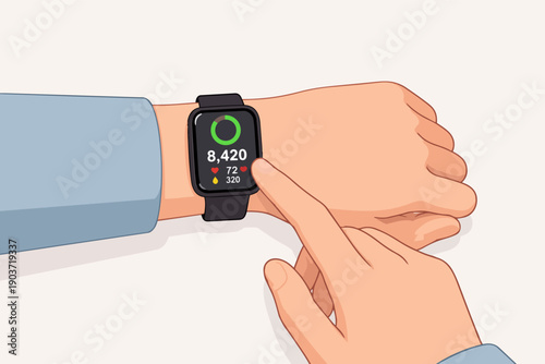 Hand tapping screen of activity tracker showing health data on wrist