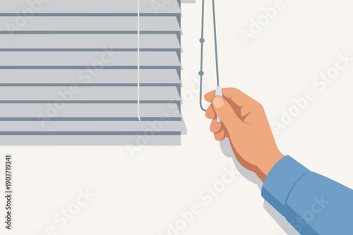 Hand pulling window blinds cord for light control and privacy adjustment