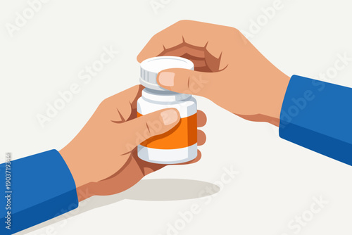 Hands opening medicine bottle, accessing healthcare, managing drug prescription