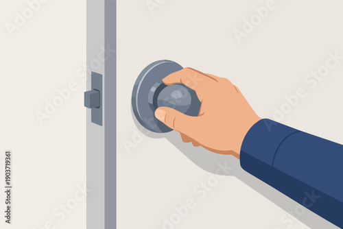 Hand turning a doorknob, unlocking a door for entry or new opportunity