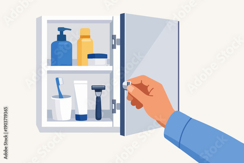 Hand opening bathroom medicine cabinet with toiletries for daily hygiene routine