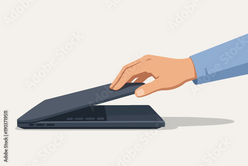 Hand opening or closing laptop computer, finishing work or starting business