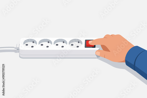 Hand pressing switch on power strip for electricity saving and power management