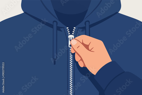 Hand zipping up a blue hoodie, closing a sweatshirt zipper fastener