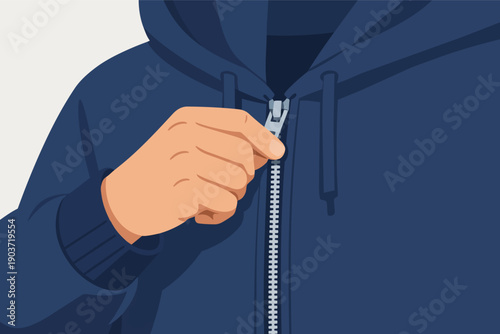Hand zipping up blue hoodie, closing warm jacket zipper, securing clothing detail