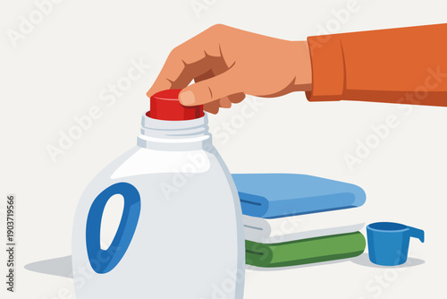 Hand opening laundry detergent bottle for washing clothes and household cleaning