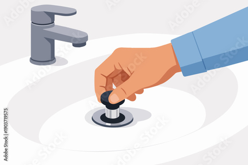 Hand placing a drain stopper in a white sink, promoting water conservation