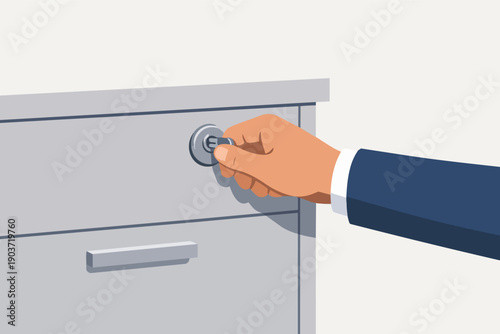Hand using key to lock file cabinet, keeping documents and data secure