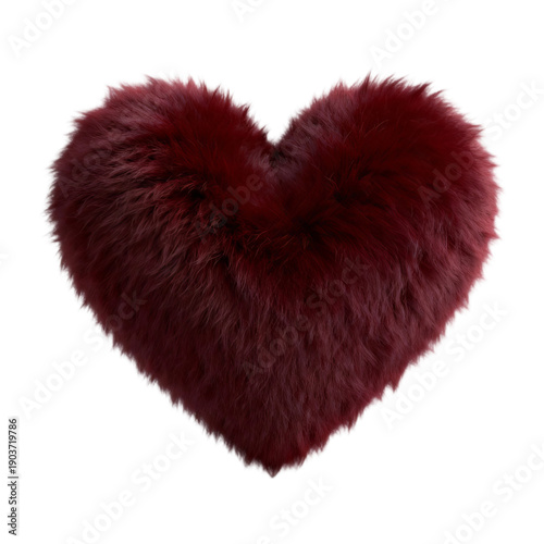 Soft and Fluffy Dark Red Heart Shape with Realistic Fur Texture Isolated on Grey Background for Valentine Day and Love Expression