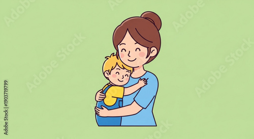 Smiling mother hugging happy little boy in blue and yellow clothes