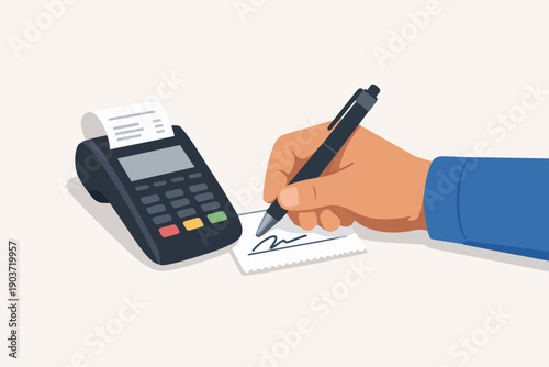 Hand signing credit card receipt with pen on paper near payment terminal