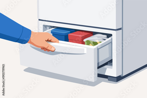 Hand opening a freezer drawer, revealing organized food storage containers for meal prep