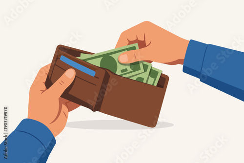 Hands putting cash banknotes into a brown wallet, showing finance and spending concept