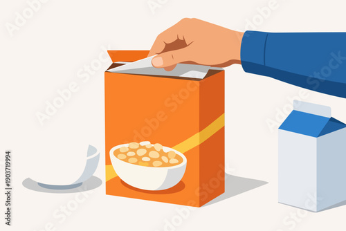 Hand opening cereal box for breakfast with milk carton and bowl