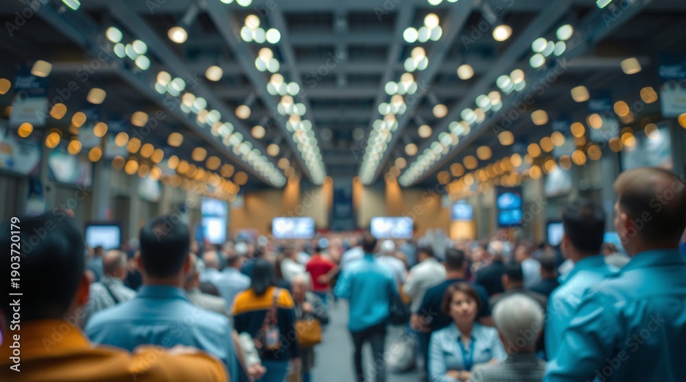 custom made wallpaper toronto digitalBlurred view of large indoor trade show or exhibition hall filled with people, booths and displays under bright lighting