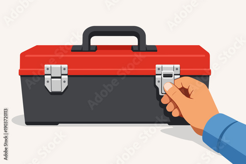 Hand opening a red and black toolbox, preparing for home improvement or repair task