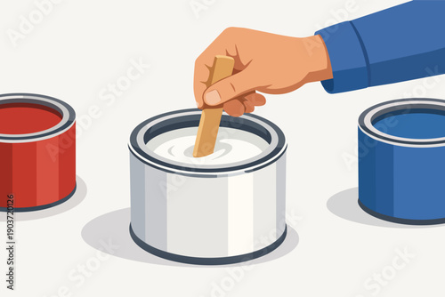 Hand stirring white paint in can, preparing for home renovation and decoration tasks