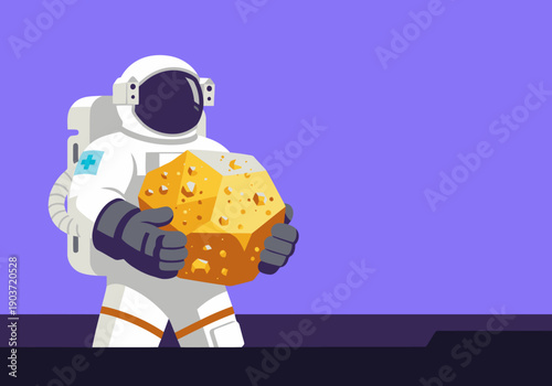An astronaut holds a space ore sample on a lunar surface. A clean, modern illustration with a futuristic feel. Perfect for space, technology, and exploration themes.