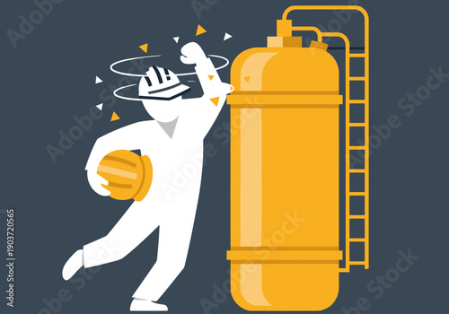 A distressed worker struggles with dizziness near a large gas tank, indicating a toxic gas hazard. Safety alert visual.  Dramatic, impactful illustration.