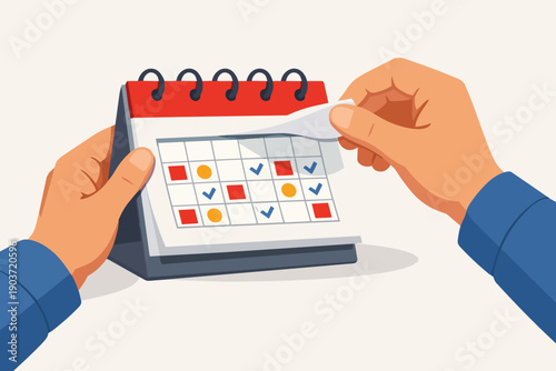 Hands turning calendar page, showing deadlines, planning, and task management