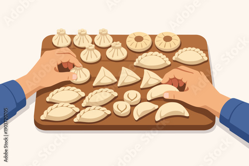 Hands placing different types of homemade raw dumplings on a wooden board