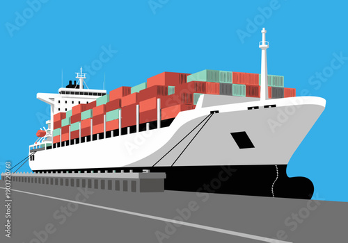 A large cargo ship docks at a port, loaded with containers.  Clean lines, bright colors, and a modern design create a visually appealing logistics illustration.